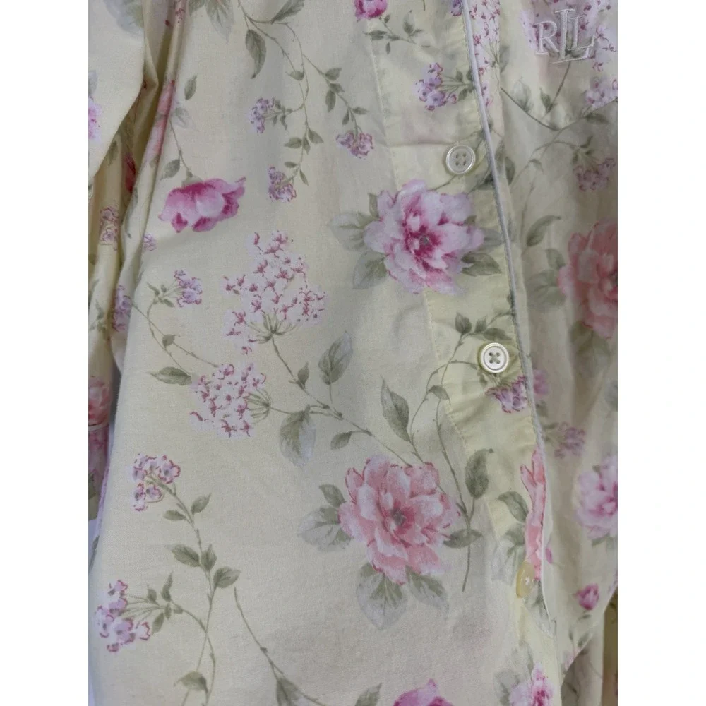 Lauren Ralph Lauren Pajama Set Womens M Yellow Floral Cotton Embroidered‎ Logo